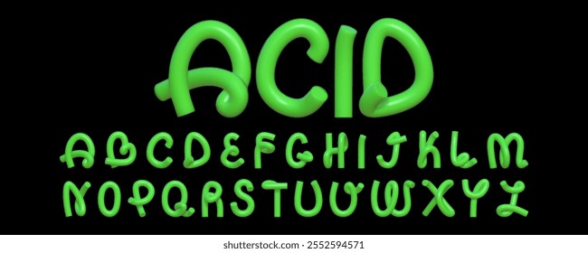 3D font in the shape of a curved rubber hose. A creative set of 3D English letters with a reflective texture in a bright acid green color.