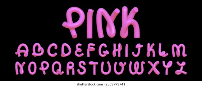 3D font in the shape of a curved rubber hose. A creative set of 3D English letters with a reflective texture in bright pink color.