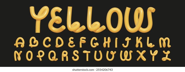 3D font in the shape of a curved rubber hose. A creative set of 3D English letters with a reflective yellow texture.