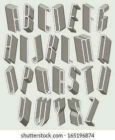 3d font, thin and tall dimensional letters set, monochrome alphabet for design.