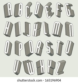 3d font, thin and tall dimensional letters set, monochrome alphabet for design.