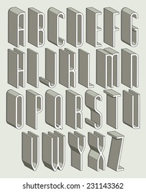 3d font, thin and tall dimensional letters set, monochrome alphabet for design.