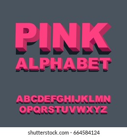 3d font. Three-dimensional pink alphabet letters. Vector illustration.