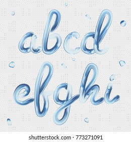 3d font. Transparent Letters a, b, c, d, e, f, g, h, i. Realistic water paint render typography vector illustration.
