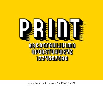 3d font, trendy graphic alphabet, modern letters and numbers with halftone effect, vector illustration 10EPS
