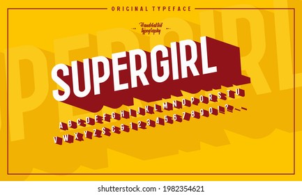 3d font and typeface. Modern English type with long shadow for the brand logo, posters. A set of condensed letters and numbers alphabet with red and white. Vector illustration.