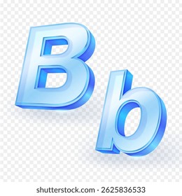 3D font uppercase and lowercase English letters “B” made of transparent glass material isolated on white background. Vector illustration.