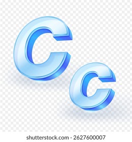 3D font uppercase and lowercase English letters “C” made of transparent glass material isolated on white background. Vector illustration.