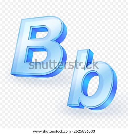 3D font uppercase and lowercase English letters “B” made of transparent glass material isolated on white background. Vector illustration.