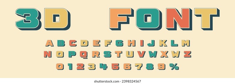 3d Font. Vector Alphabet. Letters with numbers in 3d design. Three dimensional design. Vector illustration