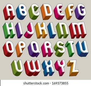 3d font, vector colorful letters, geometric dimensional alphabet made with round shapes, best for use in advertising and web design.