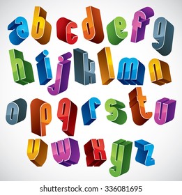 3d font, vector colorful letters, geometric three-dimensional alphabet, best for use in advertising and web design.