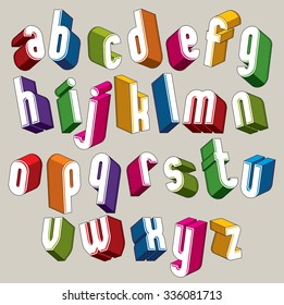 3d font, vector colorful letters, geometric three-dimensional alphabet, best for use in advertising and web design.