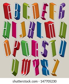 3d font, vector tall thin letters, geometric dimensional alphabet, best for use in advertising and web design.