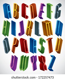 3d font, vector tall thin letters, geometric dimensional alphabet, best for use in advertising and web design.