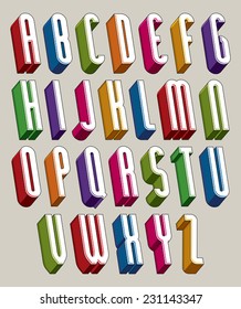 3d font, vector tall thin letters, geometric dimensional alphabet made with round shapes, best for use in advertising and web design.