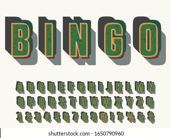 Letra 3d.letras vectoriales y números. Fuente, tipo, script, estilo antiguo y diseño de etiquetas de ejemplo con decoración denominada bingo