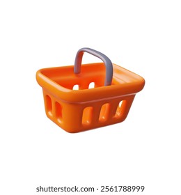 3D food basket made of orange plastic on a white background. The cartoon-style design element is ideal for retail and supermarket business concepts.