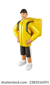 3D Food Delivery Man Vector Illustration. Cartoon Male Character of Deliveryman in a yellow jacket svg