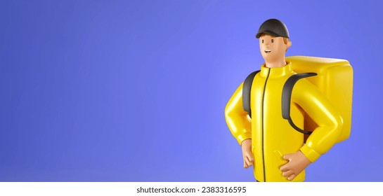 3D Food Delivery Man Vector Banner. Cartoon Male Character of Deliveryman in a yellow jacket on violet background