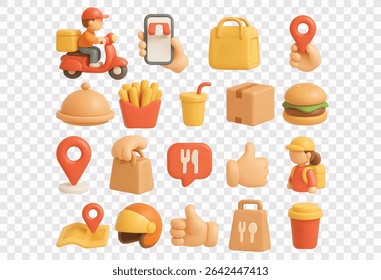 3D Food Delivery Vector Icon Set