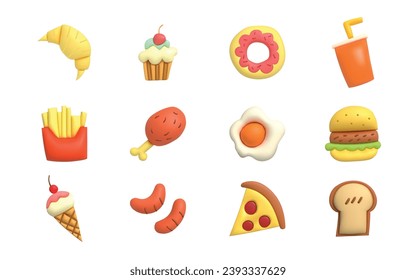 3D food icon vector illustration design set of  bread croissant, cupcake, doughnut, drink cup, french fries, fried chicken leg, fried egg, hamburger, pizza. Cartoon style.