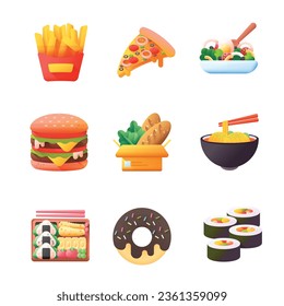 3D Food icons, burger, fries, salad, noodles, bread, shushi, donut, japanese food