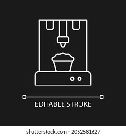 3d food printer white linear icon for dark theme. Food products manufacturing. Culinary arts. Thin line customizable illustration. Isolated vector contour symbol for night mode. Editable stroke