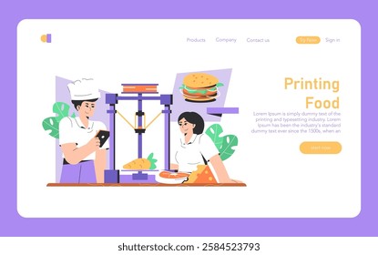 3D Food Printing concept. Chefs monitor a 3D printer creating edible items, showcasing future culinary technology. Innovation in gastronomy, kitchen revolution. Vector illustration.