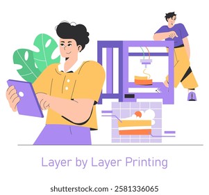 3D Food Printing concept. Illustration of innovative technology in culinary, featuring characters creating edible items with a 3D printer. Modern cuisine meets technology. Vector illustration.