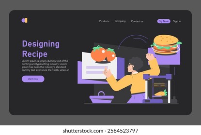 3D Food Printing concept. Person using a futuristic machine to print a hamburger and vegetables. Innovation in cooking and technology fusion. Vector illustration.