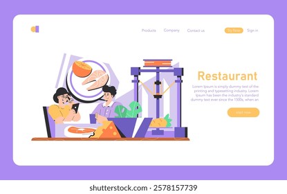 3D Food Printing concept. Two individuals engage with a futuristic device creating edible items, reflecting technological advances in cuisine. Vector illustration.