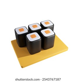 Rolo de sushi de comida 3D com nori e arroz em uma placa de madeira quadrada - comida tradicional japonesa