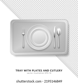 3d food tray with big and small white round plates and silver cutlery. Realistic template of serving platter with dish, crockery, utensil and fork, spoon, knife. Top view of  salver for tableware 