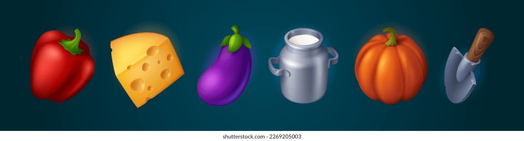 3d food vegetable icon for farm game illustration. Isolated grocery supermarket element with milk can, cheese, pepper, eggplant and pumpkin. Cartoon shovel gardening tool and resource bundle.