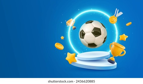  Fútbol 3d en el podio con tazas voladoras, medallas, estrellas con efecto de luces de neón sobre fondo azul. Ilustración vectorial de competición de fútbol. Plantilla de banner deportivo.