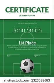 A 3D football ball vector illustration on a green field with on a certificate template. Celebrate success and achievement in soccer. Diploma perfect for awarding athletes and teams