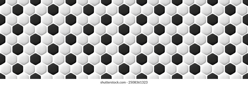 3d football seamless bw pattern. Abstract vector black and white endless soccer ball bg. Honey comb wallpaper. Floor or wall tile in sport syle