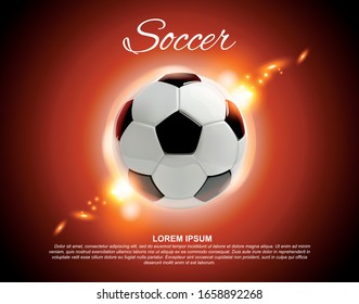 3d football or soccer ball on red background with lights and place for text