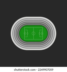 3d Football stadium miniatures oval shape top view, sports facility with multi - tiered stands and a green grassy field.