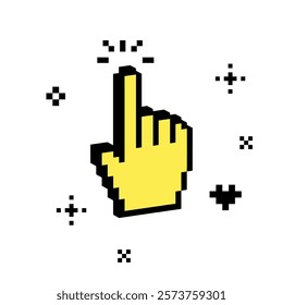 3D forefinger emoji. Pixel art. Y2k pointer cursor. Simple bright geometric object. Swipe icon. Turn on button. 3d mouse cursor sticker. Hand mouse cursor. Modern shape for collage sticker, poster