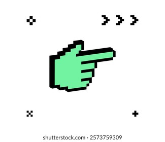 3D forefinger pointing emoji. Pixel art. Y2k pointer sign. Simple geometric object. 3D hand gesture icon. Modern shape for collage sticker, poster. Game abstract vector element. Bold and groovy