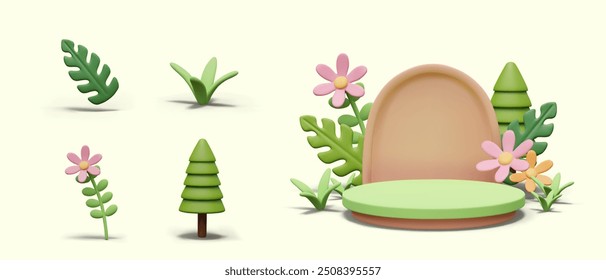 3D forest scene in cute cartoon style. Empty round podium