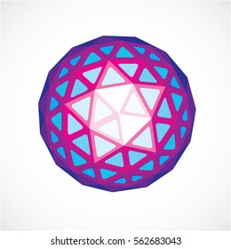 3d form, futuristic origami abstract modeling. Purple vector low poly design element, cybernetic orb shape for use in science and technology.
