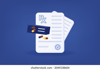 3d form rx with packaging of pills. Doctor's Prescription, treatment or prevention. Document, pills, capsules. Diagnosis, prescription rx, or examination. Medicine, pharmacy banner.Vector illustration