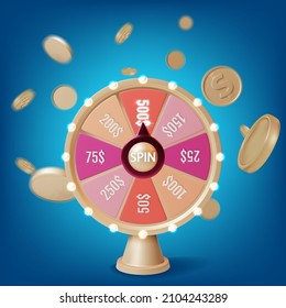 3d Fortune Spinning Wheel and Falling Golden Coins Plasticine Cartoon Style on a Blue Background. Vector illustration