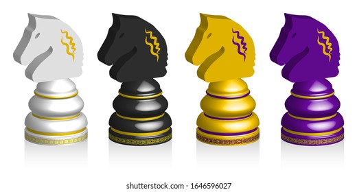 3D four multicolored chess pieces knight with patterns. Set