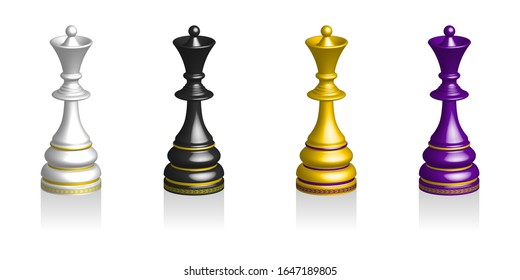 3D four multicolored chess pieces queen with patterns. Set