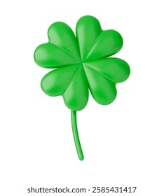 3D four-leaf clover icon. Realistic green symbol of Irish St Patrick's Day. Vector sign of good luck, fortune. Lucky shamrock illustration isolated on white. Traditional icon for beer festival.