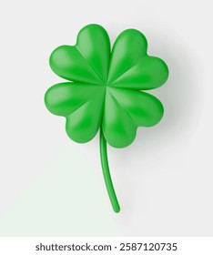 3D four-leaf clover icon. Realistic green symbol of Irish St Patrick's Day. Vector sign of good luck, fortune. Lucky shamrock illustration isolated on white. Traditional icon for beer festival.